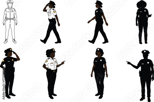 police, officer, worker, silhouette, uniform, hat, baton, salute, authority, law, enforcement, justice, security, protection, occupation, profession, vector, illustration, patrol, duty, activity
