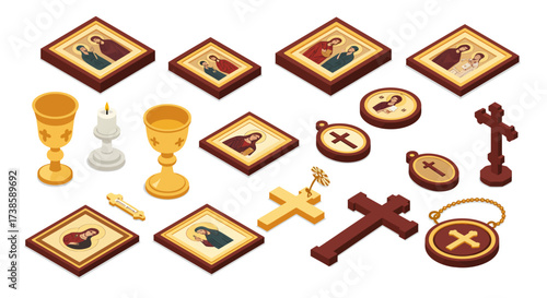 Religious objects collection with icons and crosses in isometric style