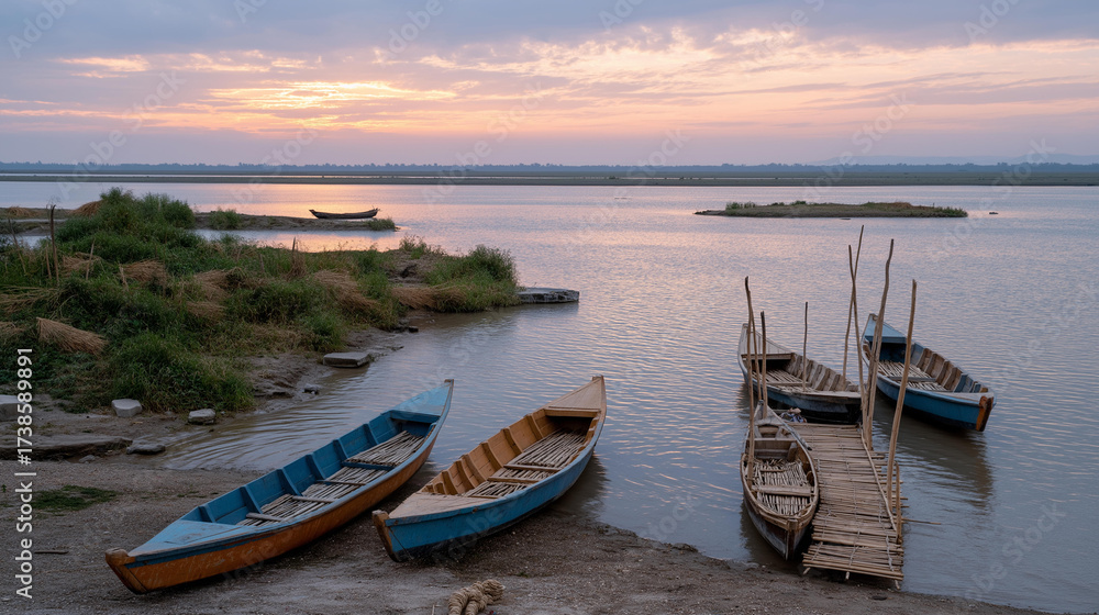 Fototapeta a river road with boats and docks, cluttered with ropes, soft natural light at sunset, a family in a car delivering, natural poses as they tie, detailed textures on the ropes' hemp and car's
