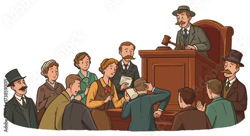 Vintage courtroom scene with judge and audience in classic attire
