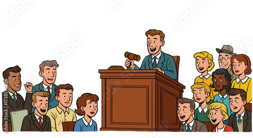 Animated court scene with judge and jury in a lively discussion