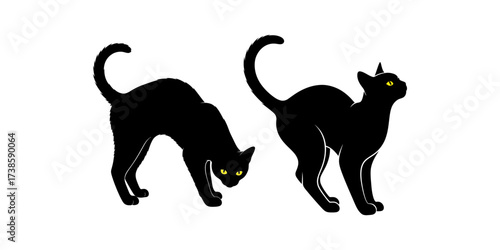 Spooky Black Cat Silhouette with Glowing Eyes, Vector Illustration