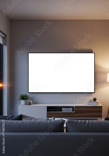 Modern living room evening interior with a large blank white screen TV mockup on the wall, perfect for showcasing content, streaming, or smart home interfaces in a cozy, contemporary setting