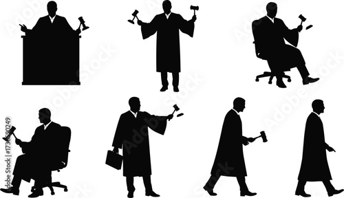 judge, worker, silhouette, robe, gavel, briefcase, chair, law, court, justice, authority, legal, occupation, profession, vector, illustration, courtroom, decision, trial, judiciary, verdict