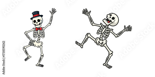 Funny Skeleton Dancing Cartoon Illustration, Flat Vector Character for Halloween Design