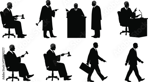 judge, lawyer, worker, silhouette, robe, gavel, podium, briefcase, law, court, justice, authority, legal, vector, illustration, courtroom, decision, trial, judiciary, verdict, profession