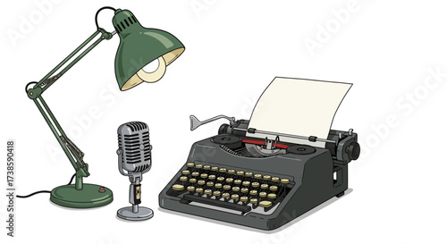 Retro typewriter with vintage microphone and desk lamp in classic design