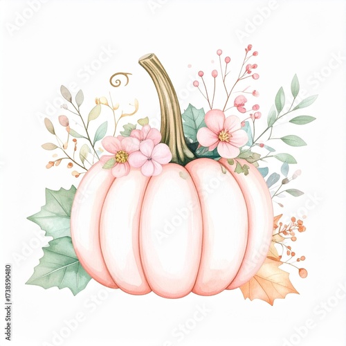a watercolor illustration of a pink pumpkin adorned with floral elements, perfect for autumn designs. The pumpkin is surrounded by delicate pink flowers and lush greenery.