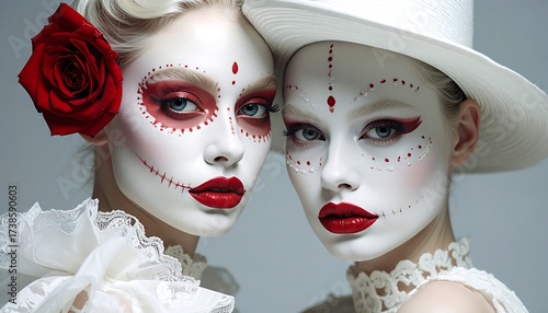 Two women, adorned with white faces, intricate red makeup, and bold red lips, pose with ornate headwear. One holds a vibrant red rose