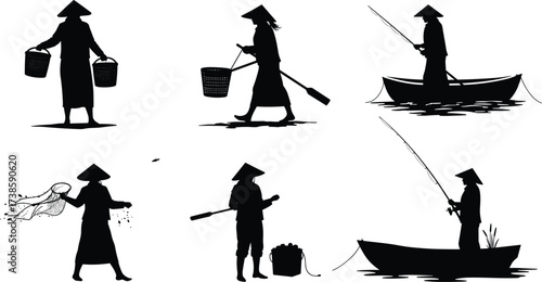 fisherman, worker, silhouette, fishing, net, rod, basket, boat, oar, conical, hat, traditional, culture, labor, occupation, profession, vector, illustration, livelihood, marine, activity