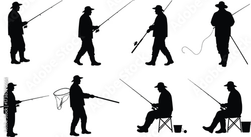 fisherman, worker, silhouette, fishing, rod, net, bucket, stool, sitting, standing, casting, catch, occupation, profession, labor, vector, illustration, recreation, hobby, outdoor, activity
