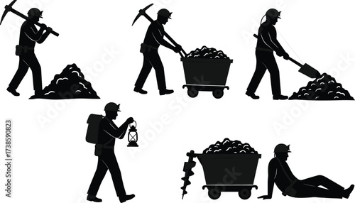miner, worker, silhouette, pickaxe, shovel, cart, lantern, drill, coal, excavation, labor, occupation, profession, industry, vector, illustration, underground, mining, equipment, operation, teamwork