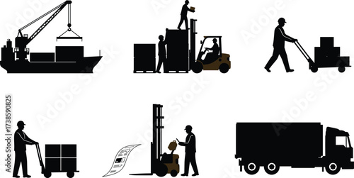 logistics, worker, silhouette, warehouse, forklift, cargo, ship, truck, hand, pallet, teamwork, safety, industry