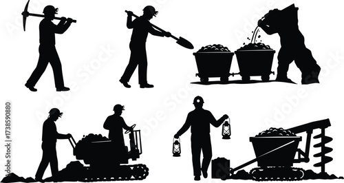miner, worker, silhouette, pickaxe, shovel, cart, lantern, drill, vehicle, coal, excavation, labor, occupation, profession, industry, vector, illustration, underground, mining, equipment, operation
