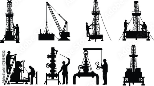 oil, drilling, rig, worker, silhouette, derrick, pipeline, valve, gauge, ladder, inspection, maintenance, repair, safety, teamwork, industry, occupation, vector, illustration, engineering, operation