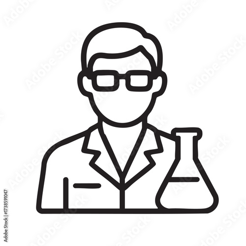 Scientist wearing glasses and lab coat with a chemical flask representing research and discovery