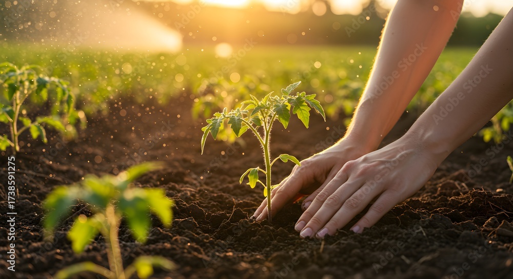 Fototapeta premium Planting Seedlings at Sunset Cultivating a New Garden Under the Golden Sunlight