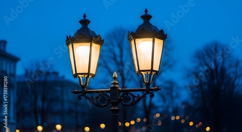 Vintage Streetlight Illuminating the Dusk Cityscape Ambiance with Ornate Design