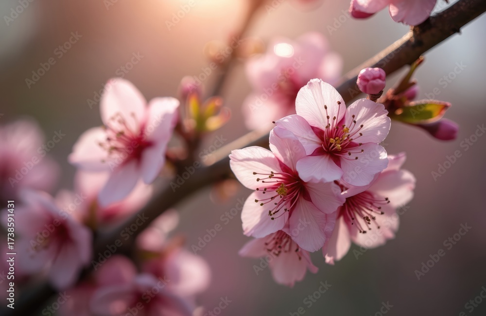 Obraz premium Close up photo of cherry blossoms on a branch. Delicate pink flowers with red centers. The spring season flower photo can be used for a variety of purposes.