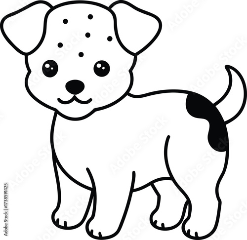 A cute cartoon vector illustration of a happy domestic dog or puppy silhouette and a black and white farm animal like a cow or bull