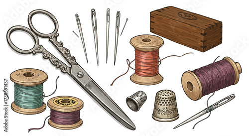 Vintage sewing tools with spools, scissors, needles, and thimbles