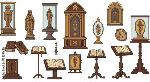 Religious icons and artifacts: traditional wooden statues and sacred books co…