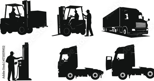 Logistics workers silhouettes, forklift, semi-truck, refueling, transportation, freight, cargo, supply chain, shipping, warehouse, industrial labor, trucking, distribution, delivery