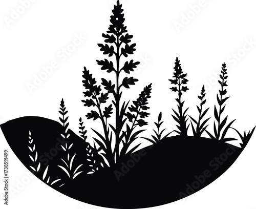 Blooming Heather On Hillside Silhouette | Mountain Flower Vector Art