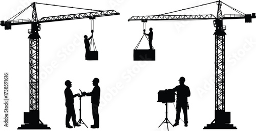 Construction site silhouettes, tower cranes lifting loads, workers with surveying equipment, teamwork