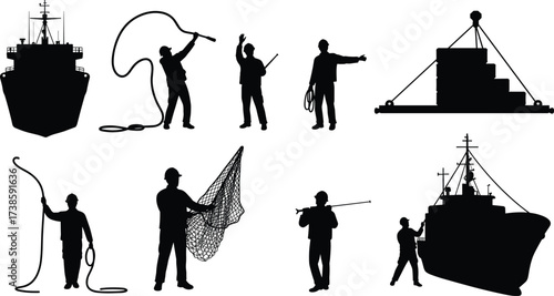 Maritime industry silhouettes, cargo ships, fishing workers, rope handling, net casting, crane lifting containers, ocean labor, nautical operations, shipping logistics, vector illustration