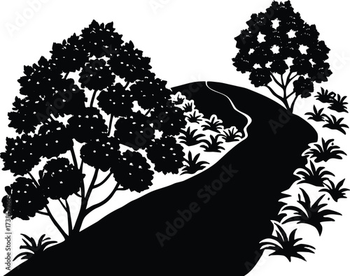 Blooming Shrubs On Hillside Trail Silhouette | Natural Landscape Vector Design