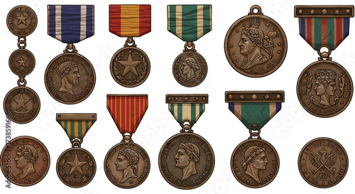 Vintage military medals on display with detailed engravings and ribbons