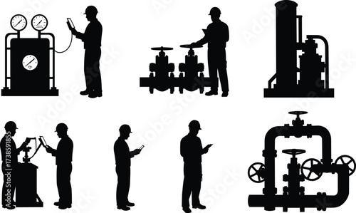 Industrial workers silhouettes with hard hats, valves, pipes, control panels, inspection, supervision, machinery, maintenance, engineering, oil and gas operations