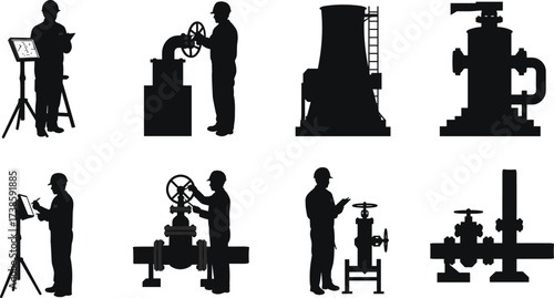 Industrial workers silhouettes with hard hats, valves, pipes, cooling tower, control panels, inspection, supervision, machinery, maintenance, engineering, factory operations