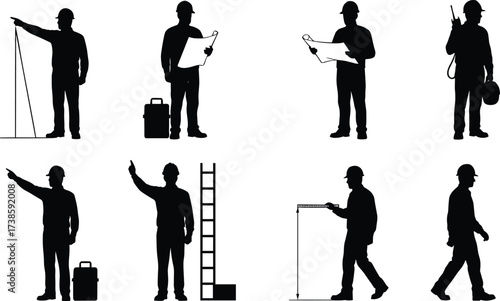 Construction workers silhouettes with hard hats, blueprints, toolbox, ladder, measuring device, supervision, engineering, planning, inspection, safety, industrial project tasks