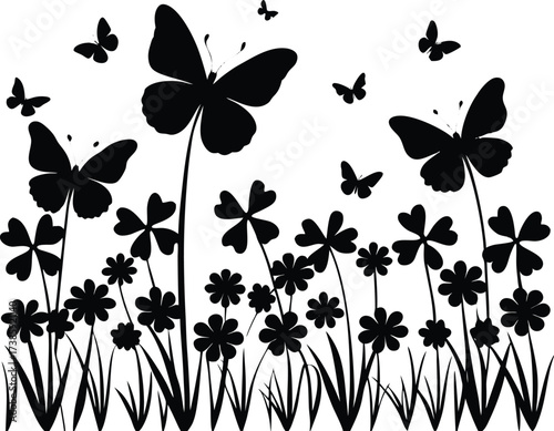 Clover Field With Butterflies Silhouette | Lucky Clover Vector Design