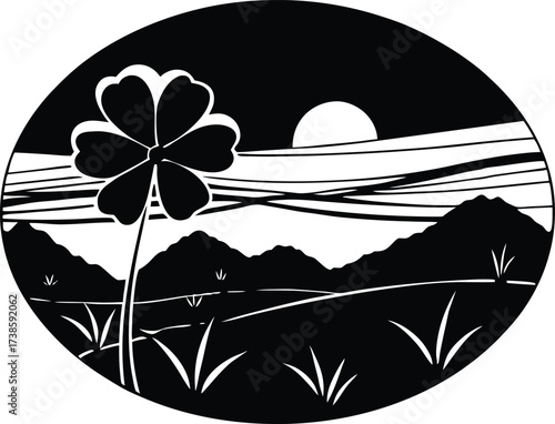 Clover Filled Pasture In Valley Silhouette | Green Meadow Vector Art