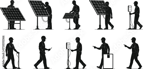 Solar panel workers silhouettes with helmets, cables, control boxes, inspection, installation, renewable energy, sustainable power, green technology, electricity, engineering