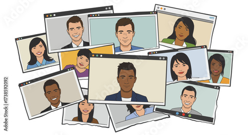 Diverse virtual meeting gallery with cartoon style video call screens