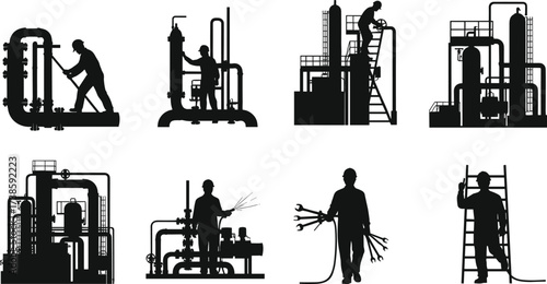 Industrial workers silhouettes with hard hats, machinery, pipes, valves, ladders, control panels, inspection, maintenance, supervision, factory operations, engineering tasks