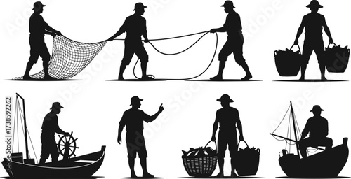 Fishermen silhouettes with boats, nets, baskets, ropes, steering wheel, pointing, traditional fishing, maritime labor, coastal livelihood, manual work, industry