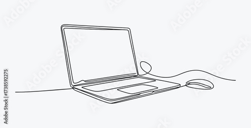 Minimalist one line drawing of a laptop with mouse on white background