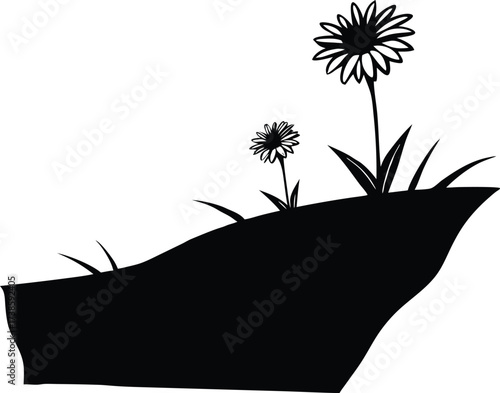 Daisy Patch On Cliff Edge Silhouette | Wildflower Vector Illustration