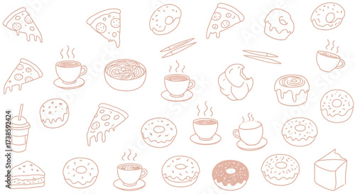 Seamless pattern with cozy food and drink doodles in soft pastel tones
