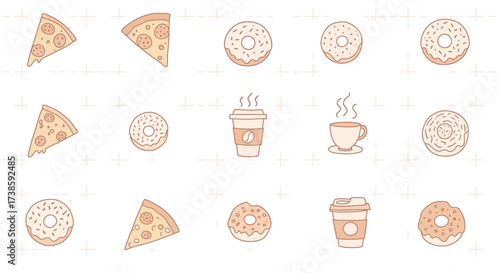 Seamless pattern of coffee, pizza, and donuts in soft pastel tones