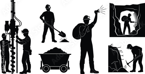 Mining workers silhouettes with drilling machine, pickaxe, shovel, mining cart, underground exploration, excavation, material extraction, industrial labor, safety equipment