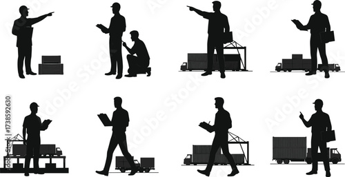 Logistics workers silhouettes with shipping containers, cranes, trucks, clipboards, inspection, coordination, transport, maritime industry, cargo handling, supply chain management