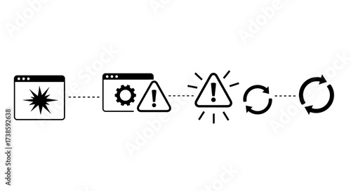 Minimalist process flow icons with warning and refresh symbols