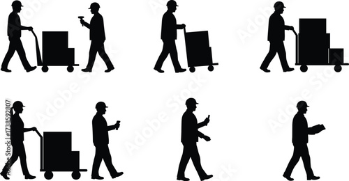 Warehouse worker silhouettes with hand trucks, scanning, logistics, industrial labor, box handling, teamwork, inspection, heavy work, transport, silhouettes, industry