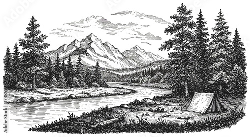 Monochrome nature landscape with river, forest, and mountains camping scene